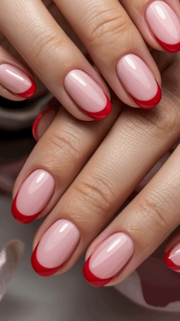 Close-up of hands with manicured nails featuring a pink base and bold red tips in a French manicure style, against a blurred soft background.