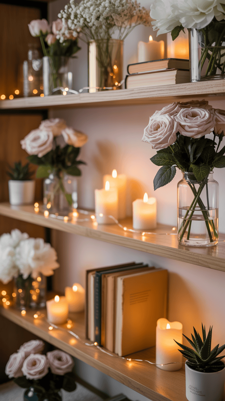 Shelves decorated with lit candles, books, vases of pink and white flowers, and string lights creating a cozy and romantic atmosphere.