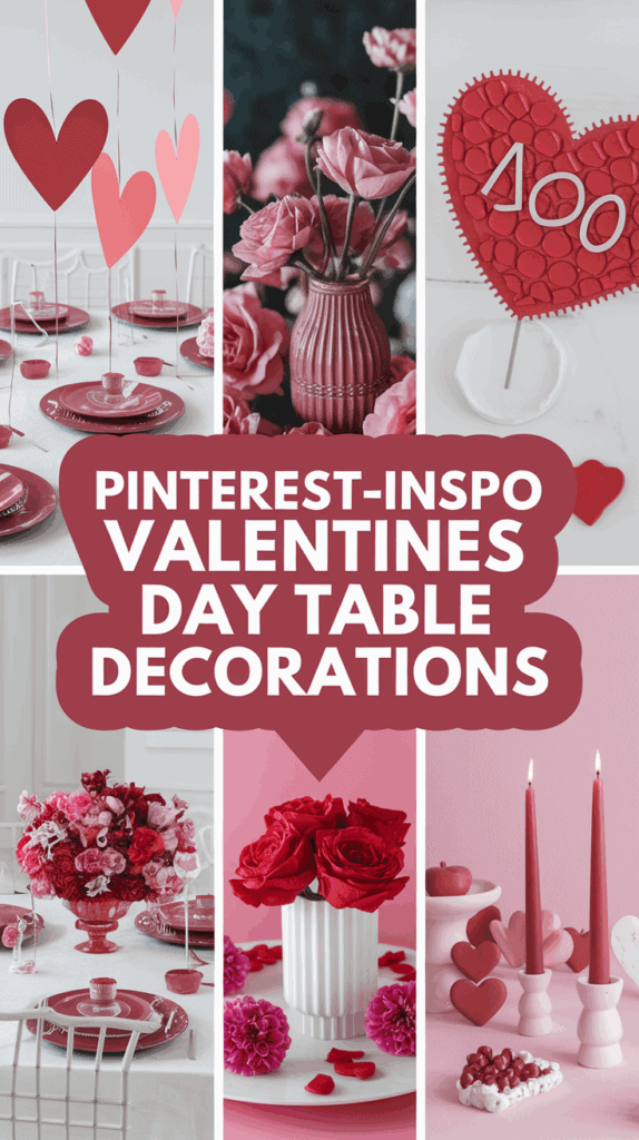 A Pinterest-inspired collage of Valentine's Day table decorations, featuring various aesthetic setups with red and pink color themes, heart shapes, and floral arrangements.