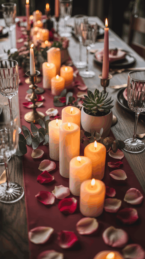 A dining table elegantly set with a row of lit white candles, surrounded by pink and cream rose petals, and accompanied by green foliage and a potted succulent on a burgundy table runner.