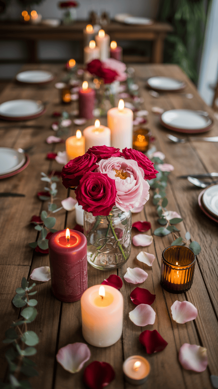A rustic wooden table is set for a romantic dinner, featuring a centerpiece of red and pink roses in a glass jar, surrounded by lit candles of varying sizes and scattered rose petals.