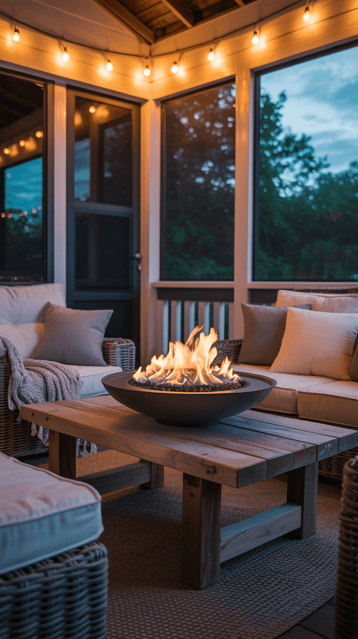 Cozy Back Screened In Porch Ideas with Fire Features