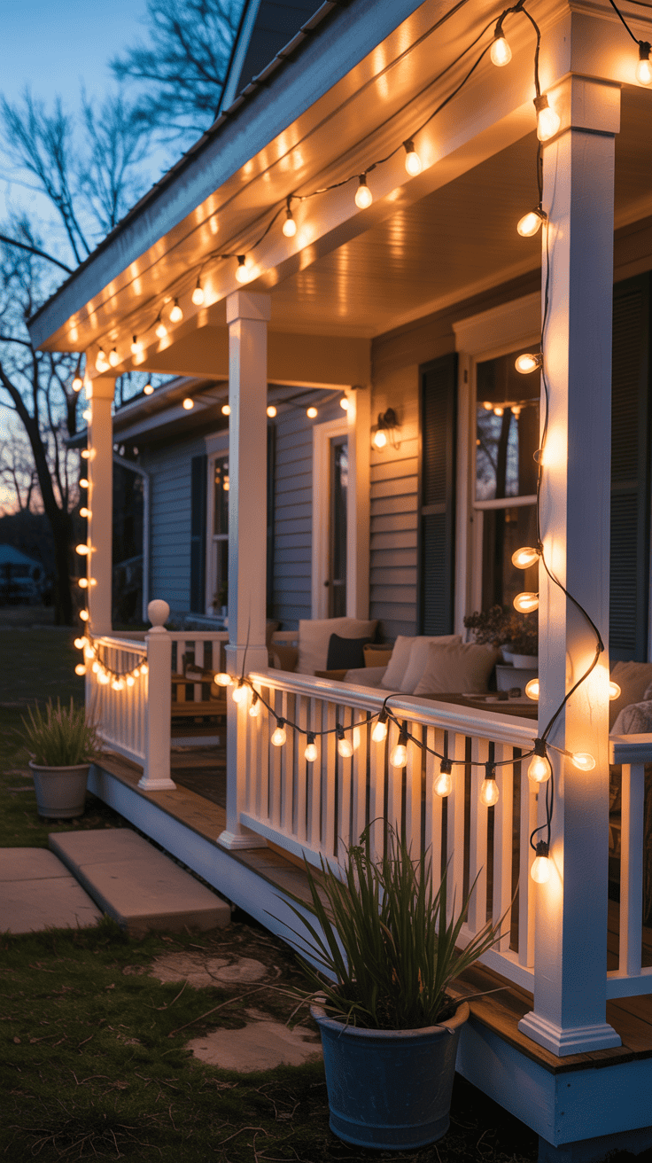 Cozy Front Porch Ideas with String Lights
