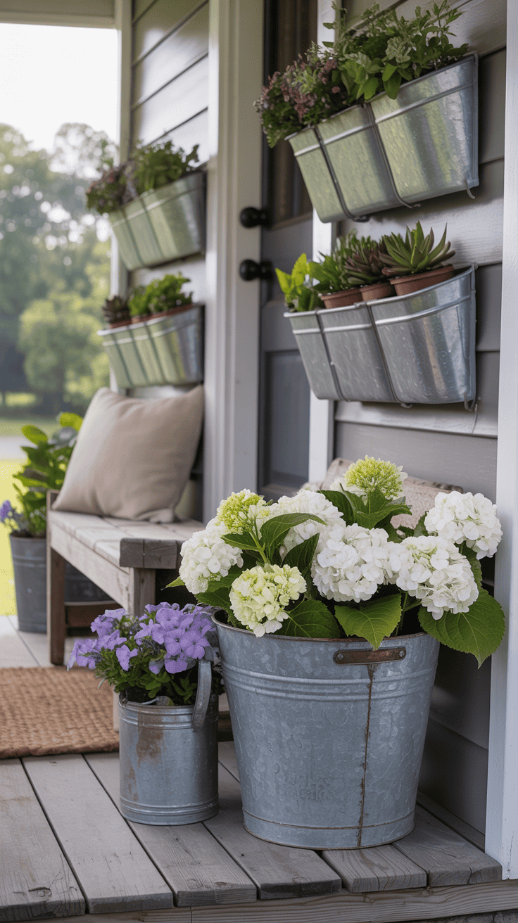 Farmhouse Front Porch Ideas with Galvanized Accents