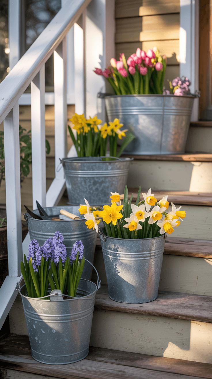 Farmhouse Spring Front Porch with Galvanized Buckets