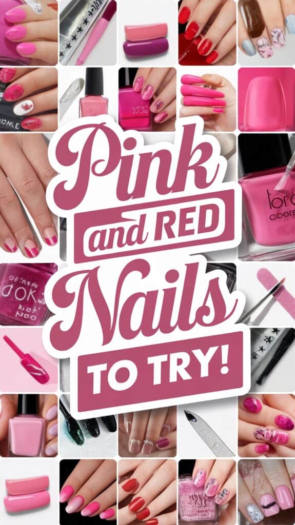 A collage of various pink and red nail polish styles with the text "Pink and Red Nails to Try!" prominently displayed in the center.