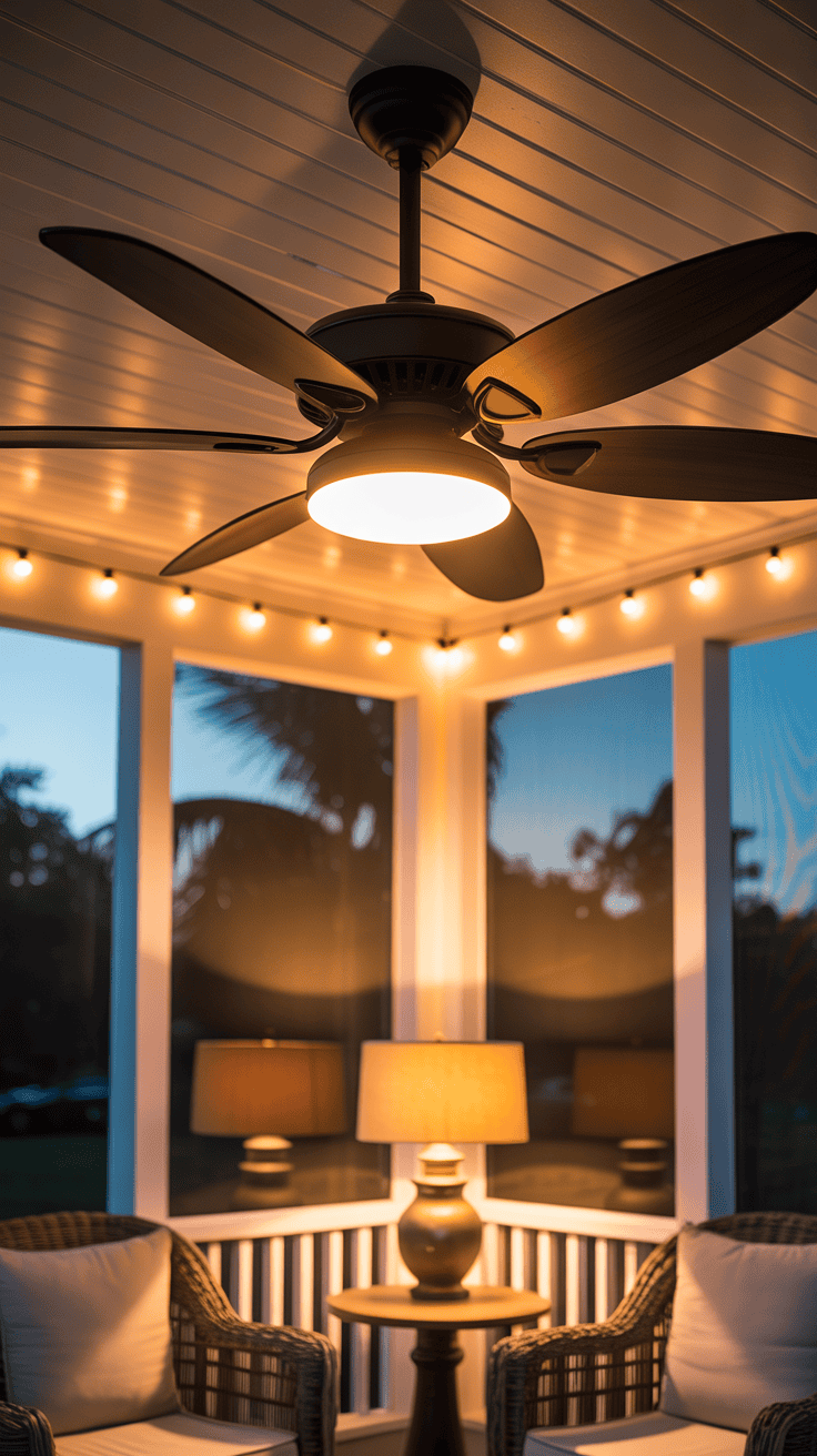 Screened Porch Designs with Ceiling Fans and Lighting