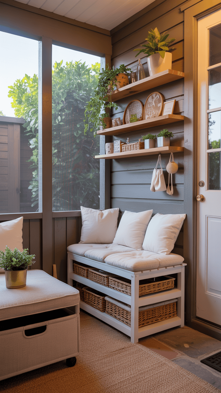 Small Screened In Porch Decorating with Multi-Functional Storage