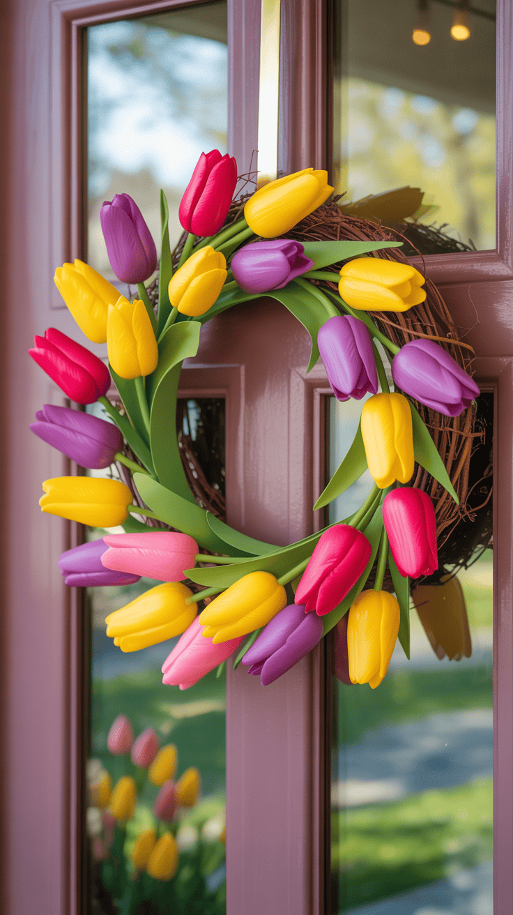 Spring Wreath for Front Door with Tulips