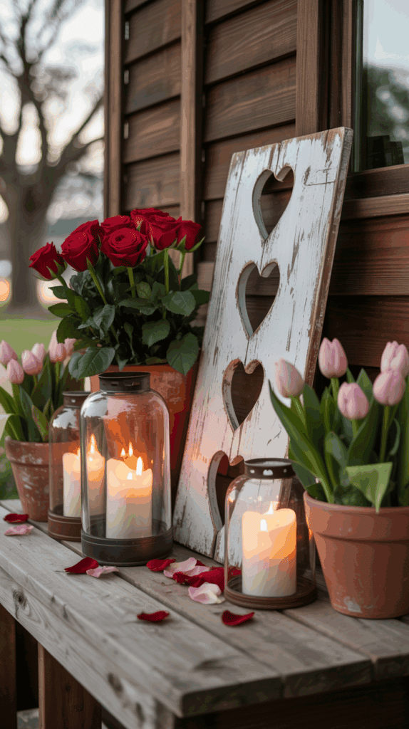 A rustic wooden shelf with a vase of red roses, a pot of pink tulips, and lit candles in glass jars, adorned with scattered flower petals, next to a white wooden heart-cutout decoration leaning against a wooden wall.