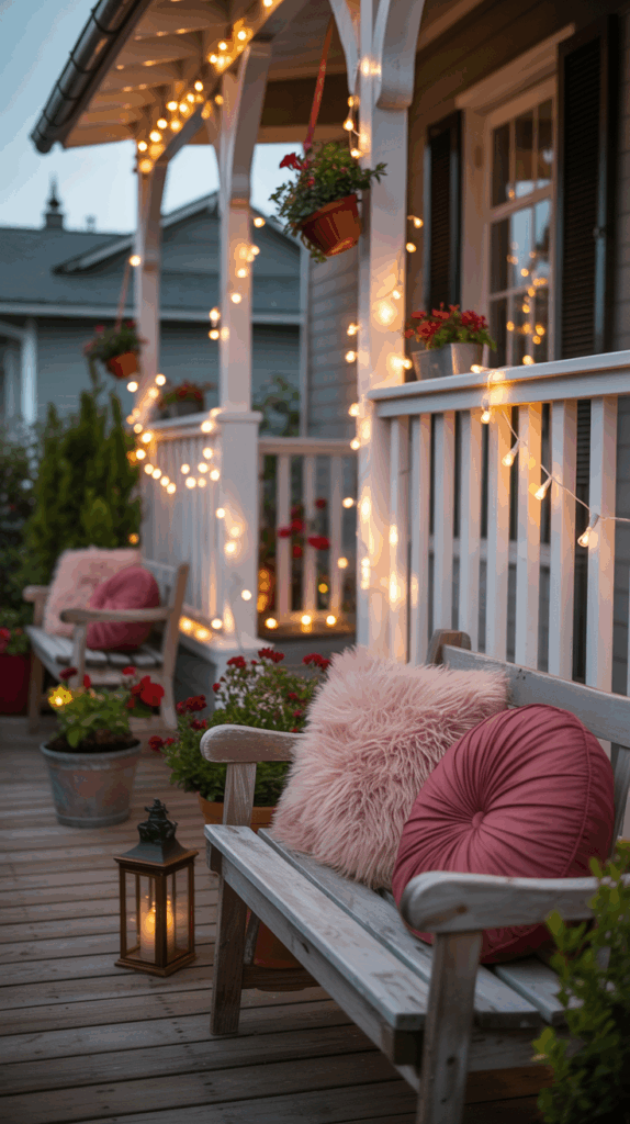 A cozy porch with string lights, wooden benches adorned with pink cushions and fluffy pillows, and vibrant potted flowers.