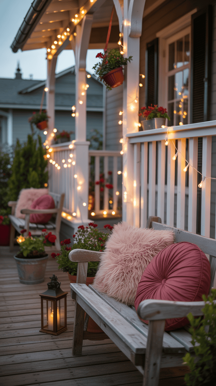 A cozy porch with string lights, wooden benches adorned with pink cushions and fluffy pillows, and vibrant potted flowers.
