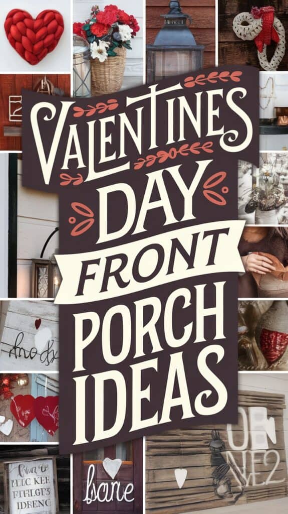 A collage image with "Valentine's Day Front Porch Ideas" written on it, surrounded by various Valentine-themed decorations like a woven heart, flowers, lantern, and heart-shaped signs.