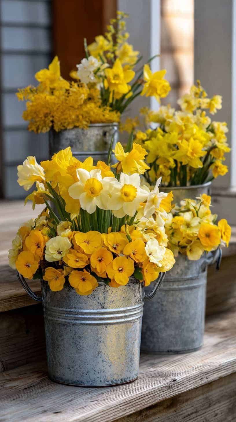 Bright Yellow Accent Flowers in Silver Buckets