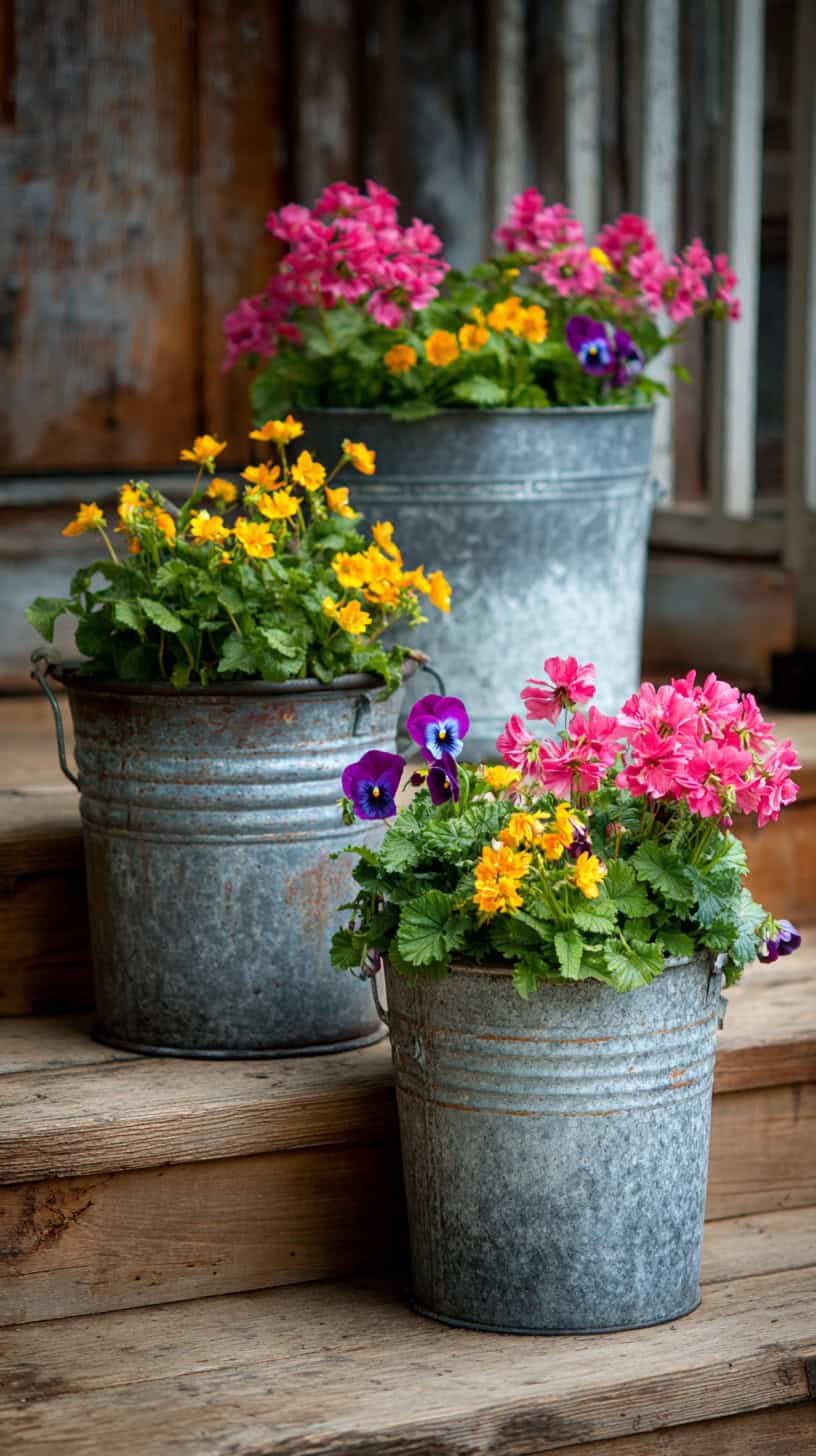 Colorful Spring Flowers in Galvanized Pails - Image 1