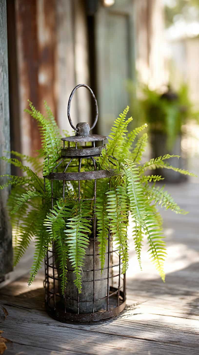 Faux Ferns in Wire Lanterns - Image 1