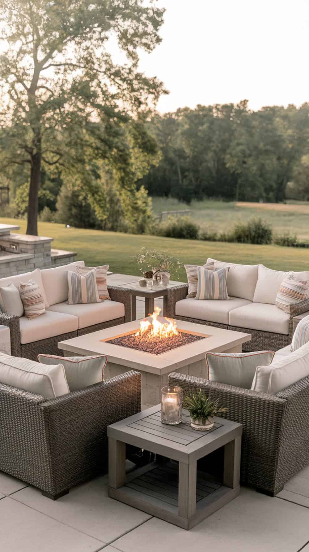 Wicker patio furniture set around a square fire pit on a large patio, with scenic greenery in the background.