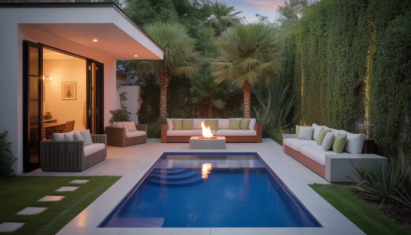 17 Small Backyard With Pool And Fire Pit Designs That Maximize Space