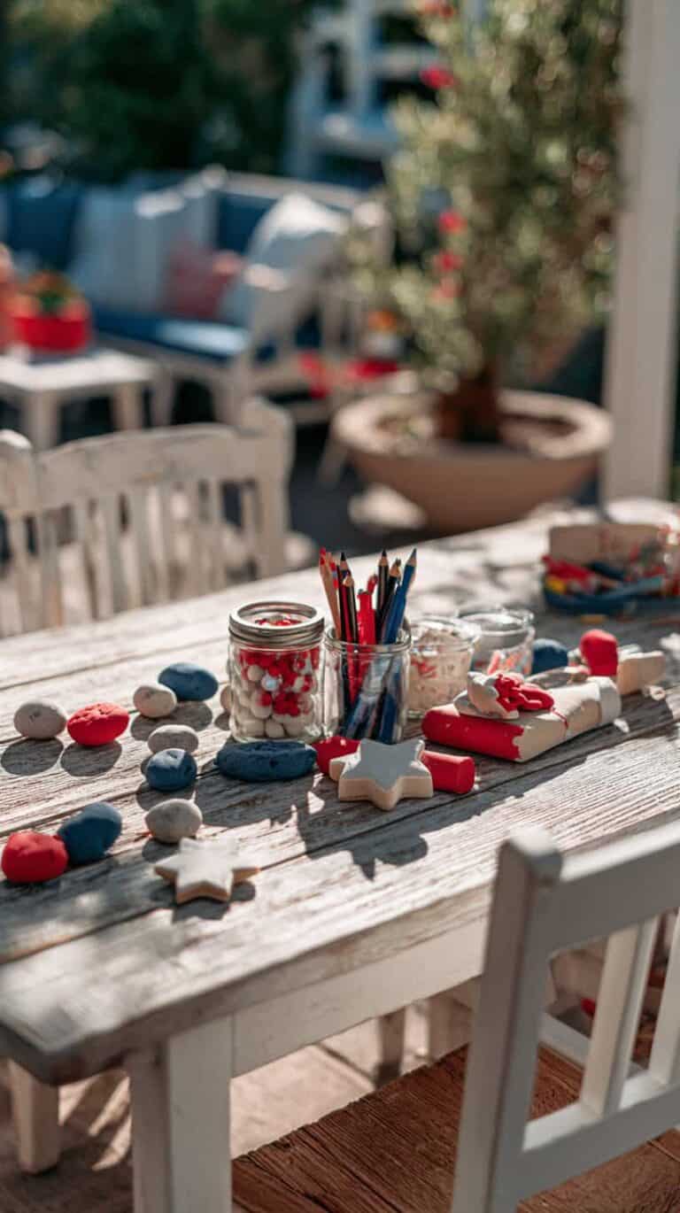 Table with craft supplies, including jars of colored pencils, rocks, and star-shaped objects, outdoors with seating in the background.