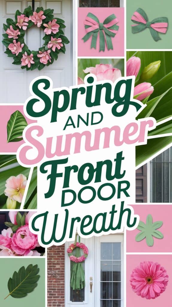 Collage of various floral wreaths and decorations with text "Spring and Summer Front Door Wreath."