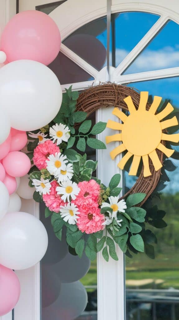 A wreath with pink and white flowers, green leaves, and a yellow sun adorns a window, surrounded by pink and white balloons.