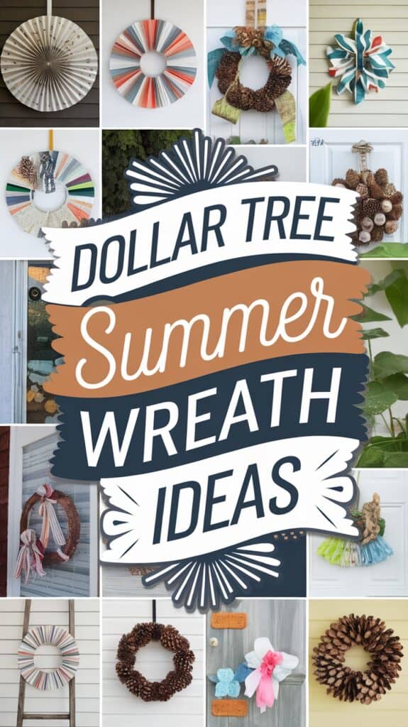 Collage of various wreaths including ones made of paper, fabric, and natural materials alongside text "Dollar Tree Summer Wreath Ideas."