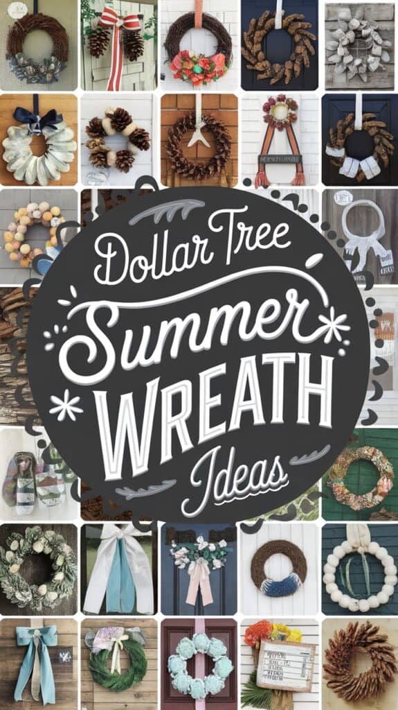 Collage of various summer wreath designs with a central text reading "Dollar Tree Summer Wreath Ideas."
