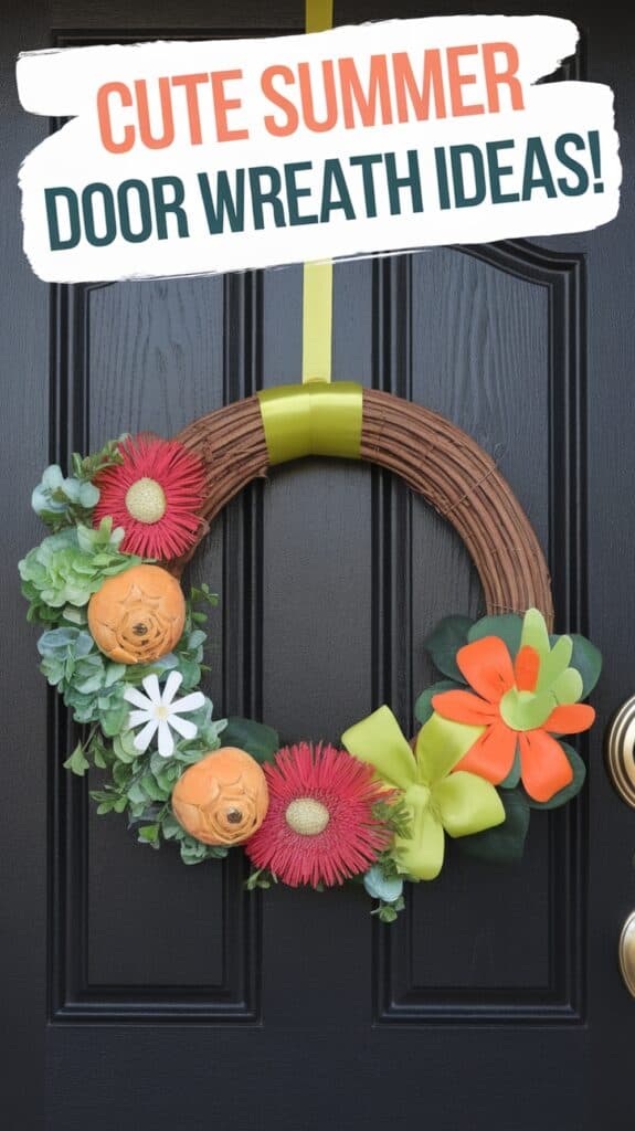 A summer wreath with red and orange flowers and greenery hangs on a black door.