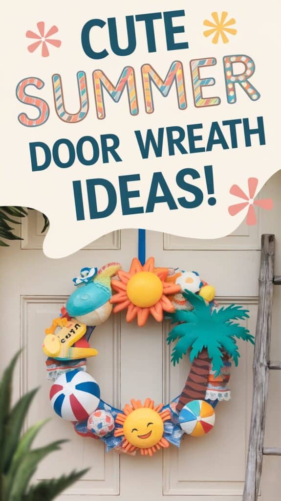 A colorful summer-themed wreath with a sun, palm tree, and beach items hangs on a door. Text reads: "Cute Summer Door Wreath Ideas!"
