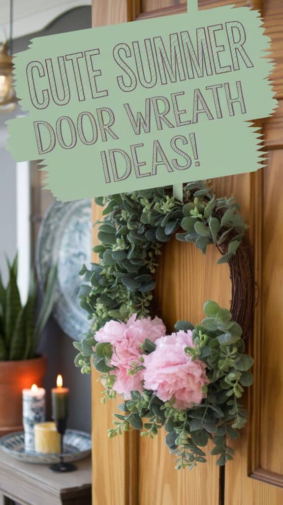 A door wreath with green leaves and pink flowers next to text reading "Cute Summer Door Wreath Ideas!"