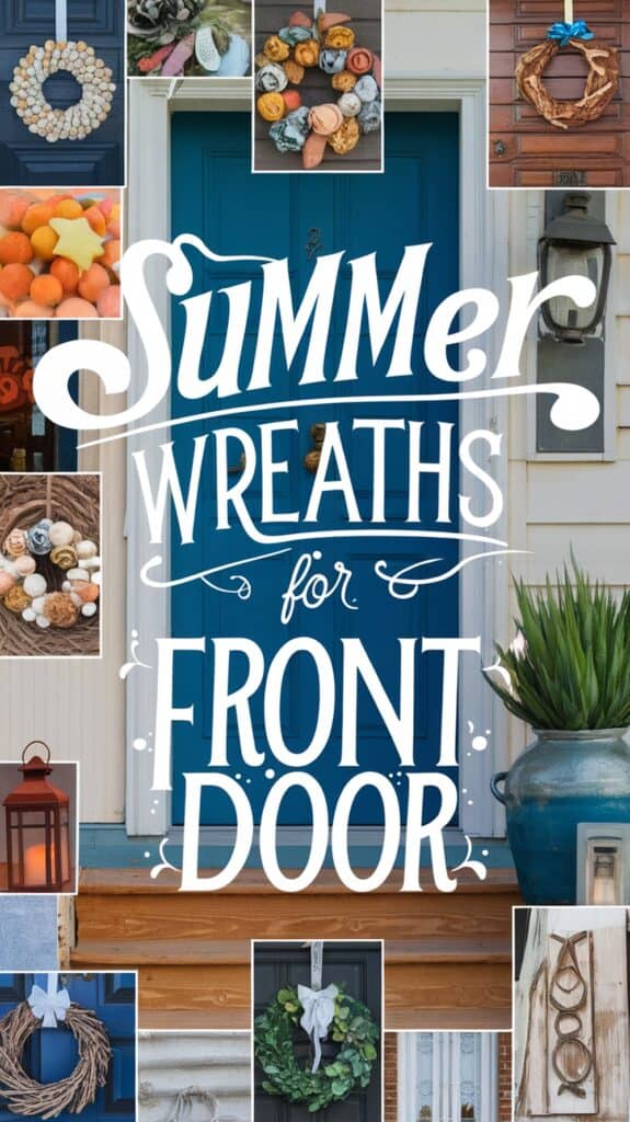 Collage of summer wreaths on a front door with text "Summer Wreaths for Front Door."