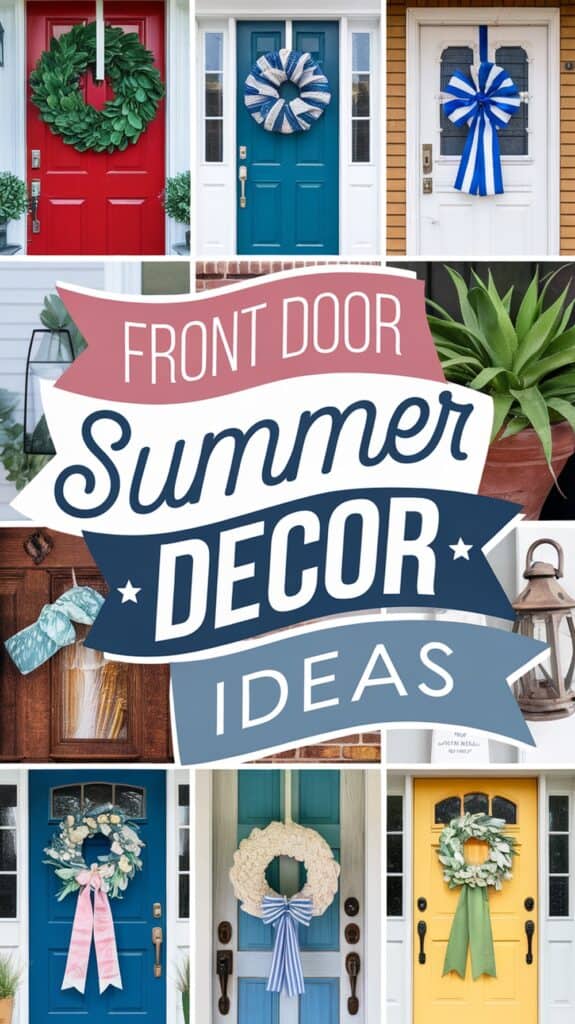 Front doors with different wreaths and decorations, centered text reads "Front Door Summer Decor Ideas."
