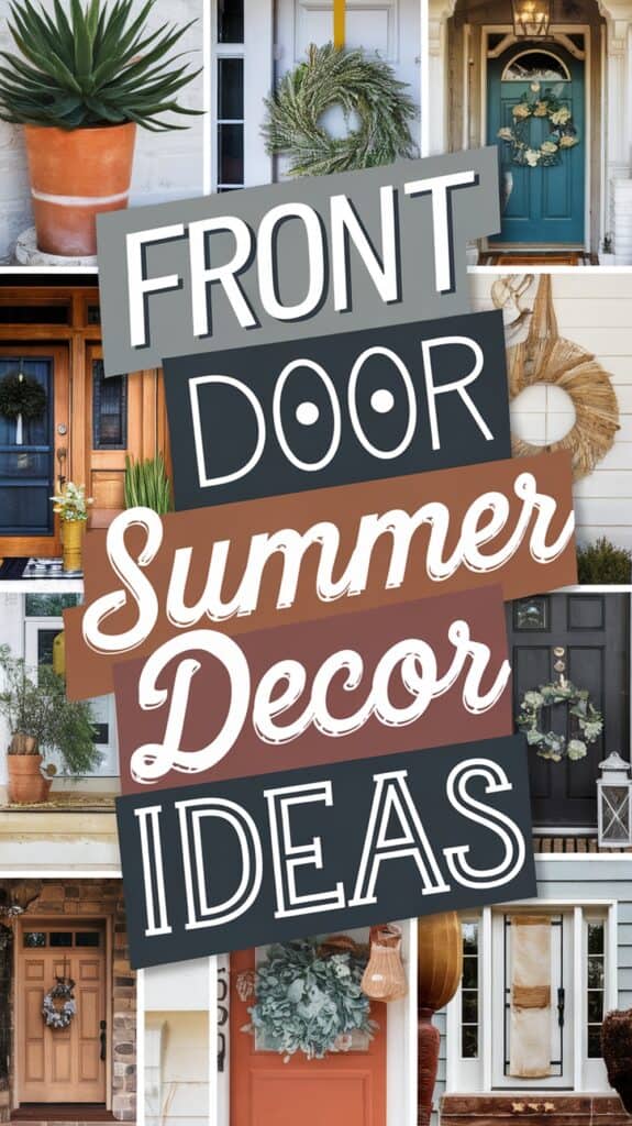 Collage of front doors with various summer-themed decorations, such as wreaths and potted plants, with text overlay.