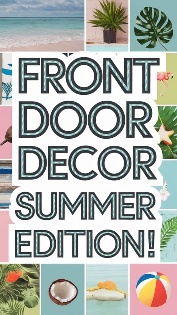 Collage with text "Front Door Decor Summer Edition" surrounded by images of tropical plants, beach scenes, and summer items.