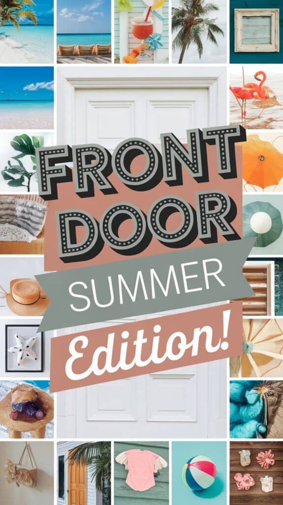 Collage labeled "Front Door Summer Edition" featuring beach scenes, tropical items, and summer accessories.