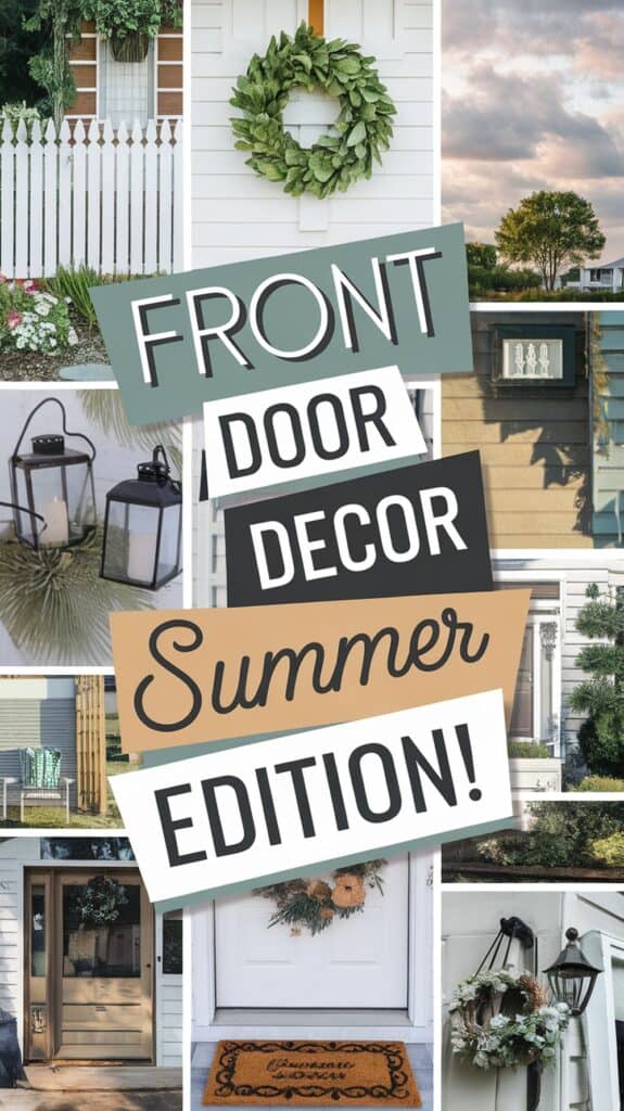 Collage of front door decor ideas featuring wreaths, lanterns, and welcome mats with the text "Front Door Decor Summer Edition!"