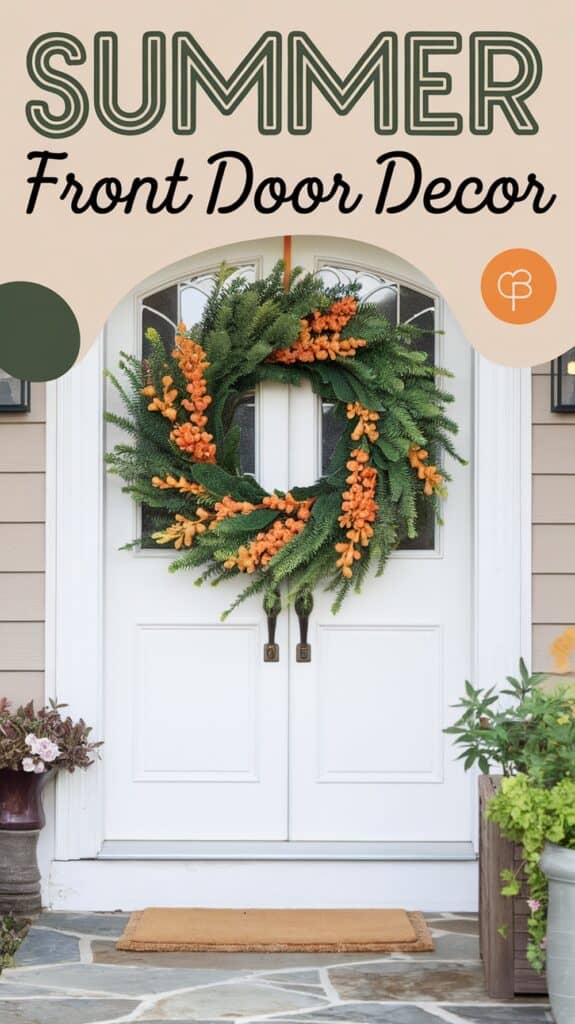 A white front door with a large green wreath featuring orange flowers, accompanied by the text "Summer Front Door Decor."