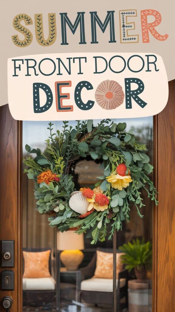 Wreath with foliage, flowers, and seashells on a wooden front door with text reading "Summer Front Door Decor."