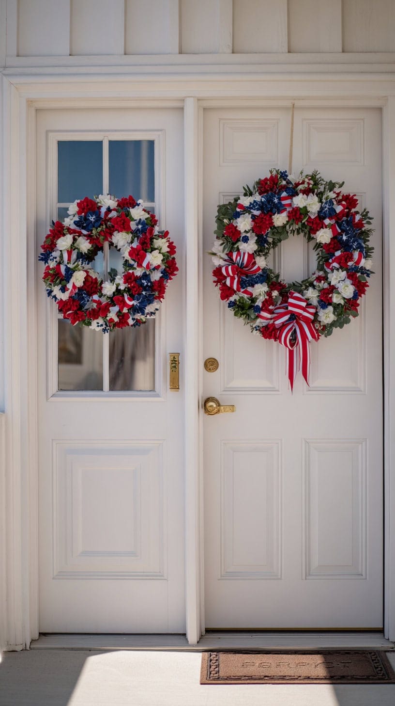 Two white doors adorned with wreaths of red, white, and blue flowers, one featuring a bow with matching colors.