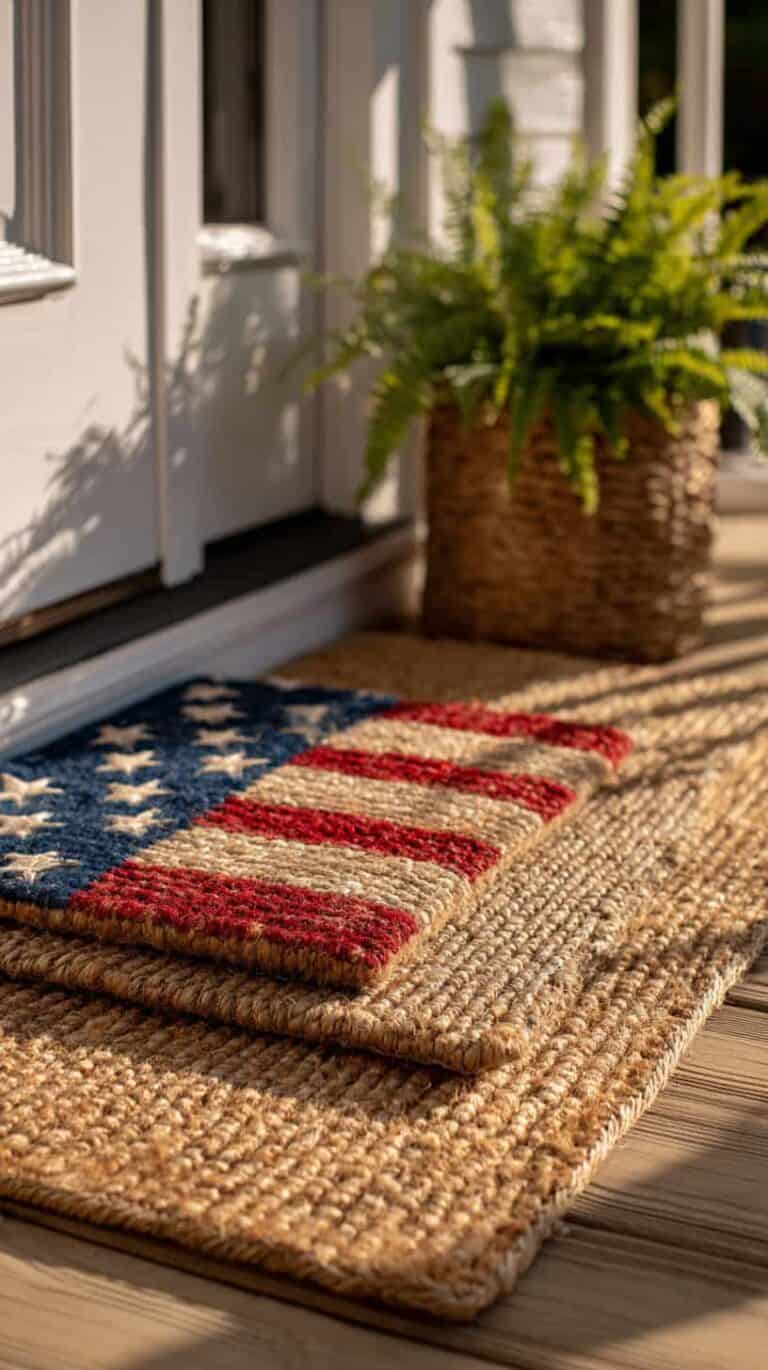 A doormat featuring the American flag design sits on a woven mat beside a potted fern near a glass door.