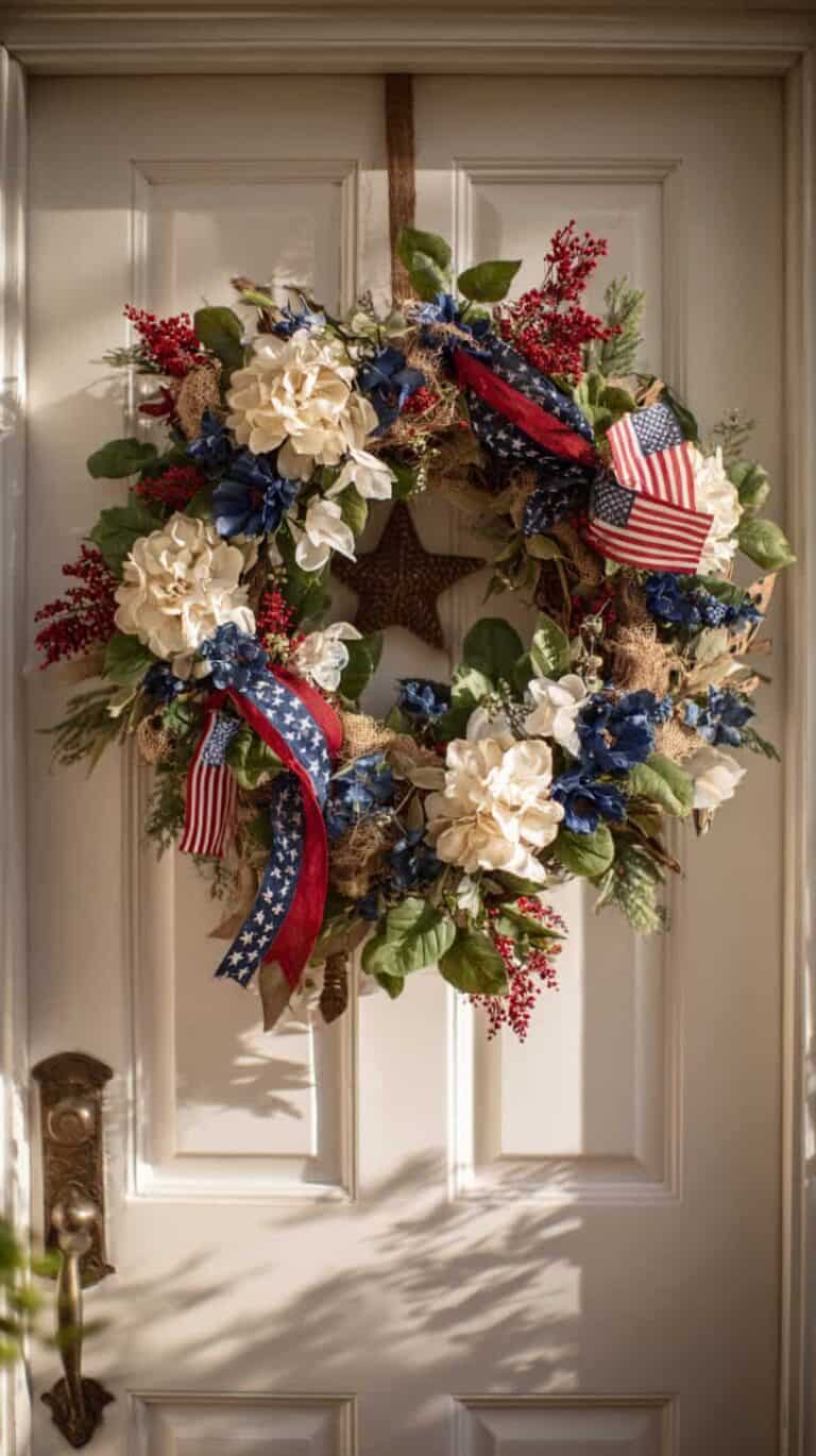 Patriotic wreath with white flowers, red berries, blue accents, and American flags on a white door.