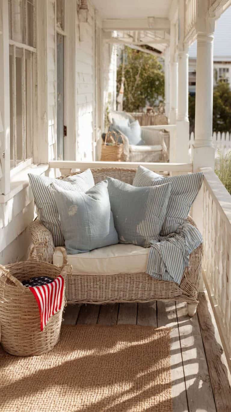 A wicker sofa with blue and striped pillows on a sunlit porch with a basket holding an American flag.