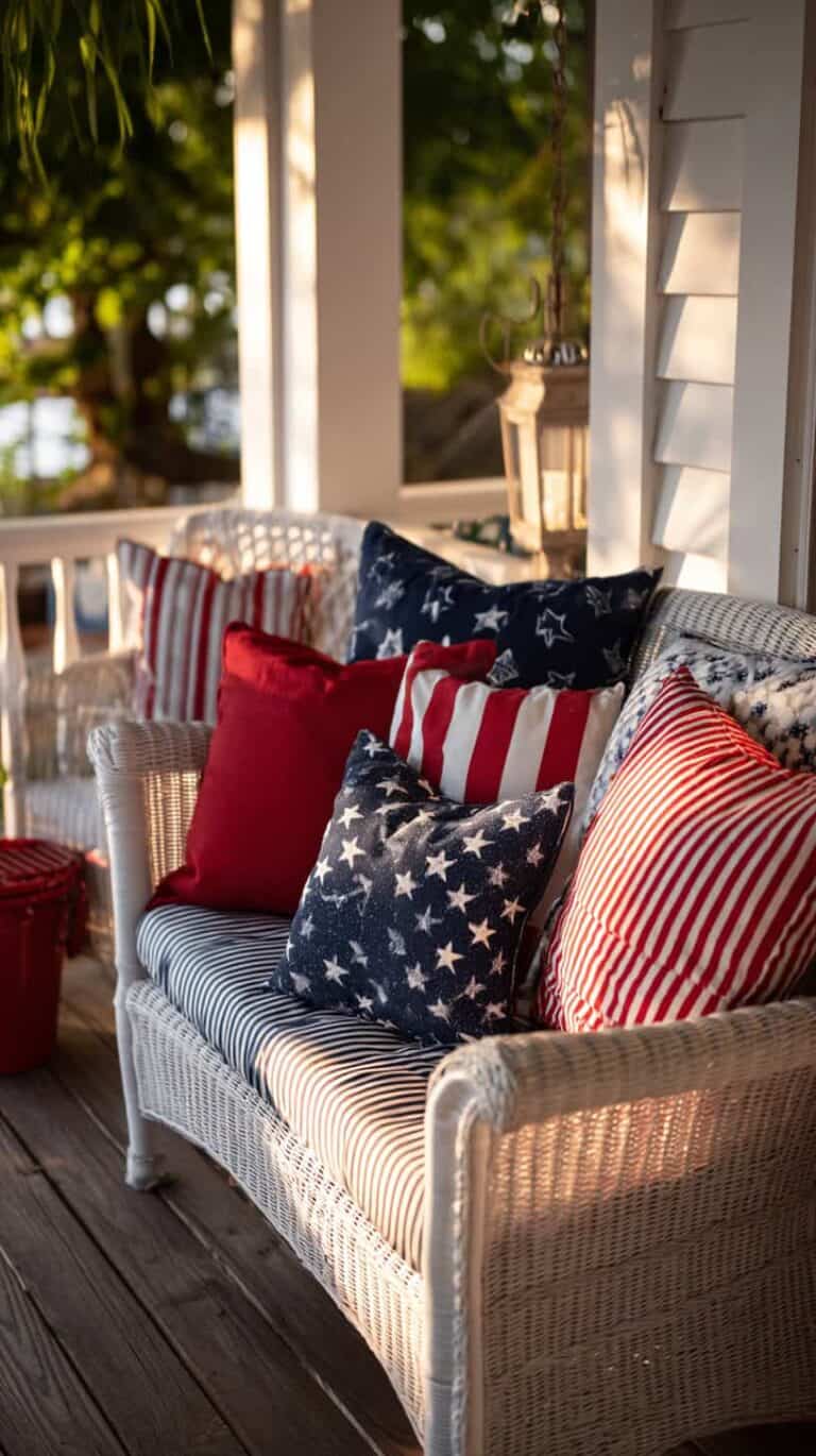 White wicker porch sofa adorned with American flag-themed cushions, featuring stars and stripes, against a wooden deck setting.