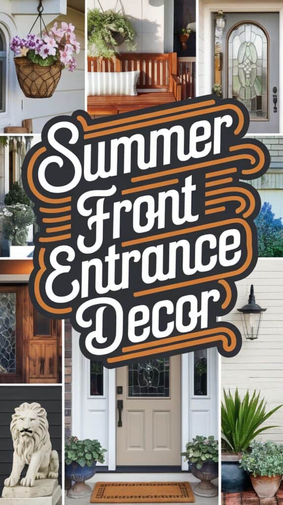 Collage of summer front entrance decor featuring plants, a lion statue, a stained glass door, and script text in the center.