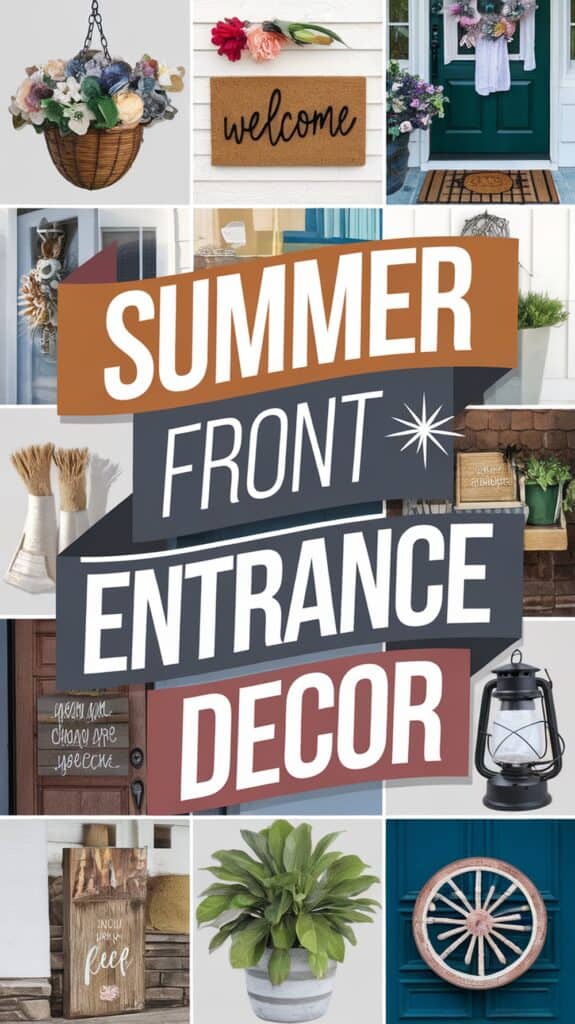 Collage showcasing various summer front entrance decor items, including floral arrangements, welcome signs, and decorative lanterns.
