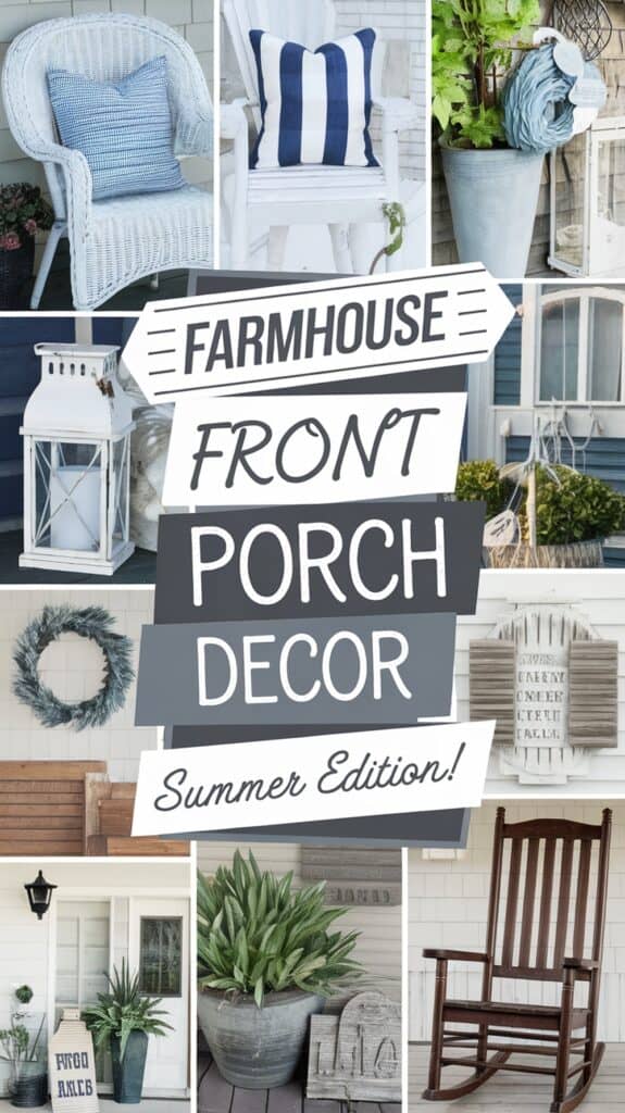 Collage of farmhouse-style front porch decor with wicker furniture, potted plants, lantern, and a wooden rocking chair.