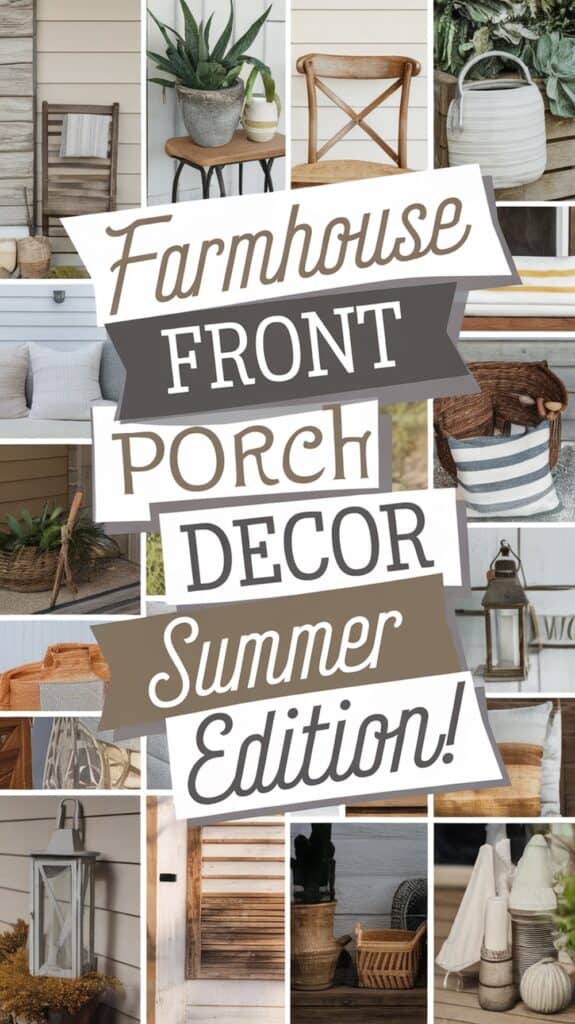 Collage of farmhouse-themed front porch decor with text "Farmhouse Front Porch Decor Summer Edition" and various decorative items.