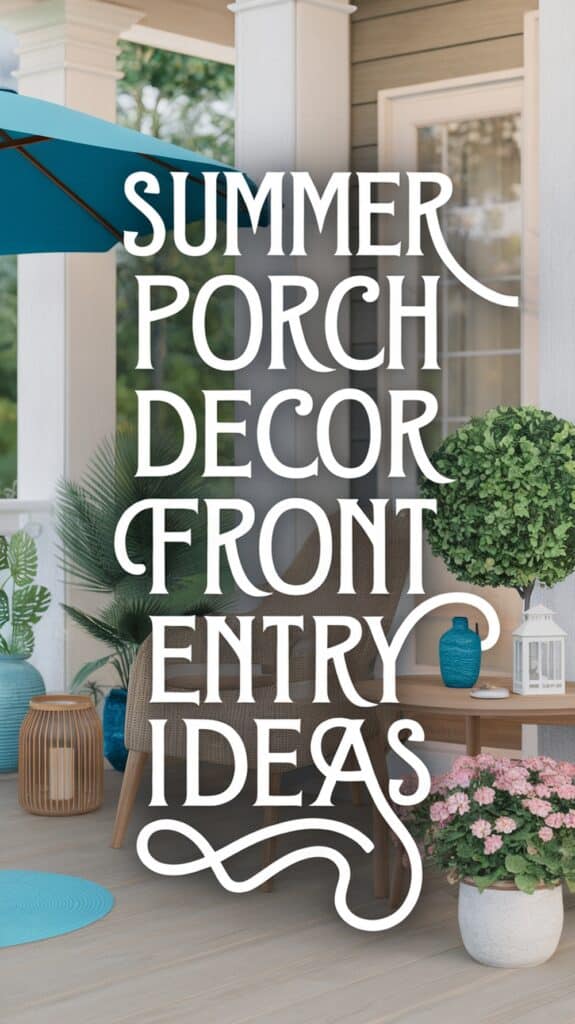 Text reading "Summer Porch Decor Front Entry Ideas" over an image of a porch with plants, furniture, and lanterns.