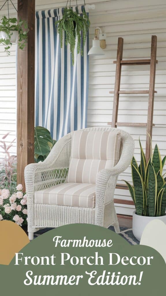 A wicker chair with striped cushions on a porch, surrounded by plants and a ladder, with text reading "Farmhouse Front Porch Decor Summer Edition!"