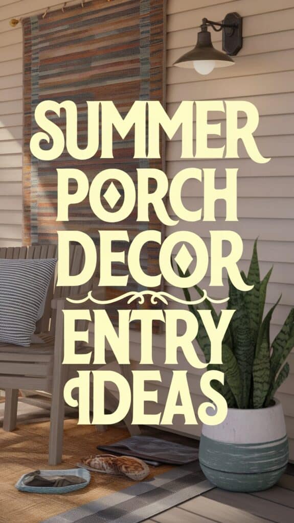 Text reads "Summer Porch Decor Entry Ideas" against a cozy porch setting with a chair, plant, and woven textiles.